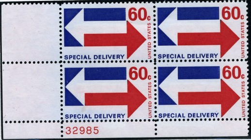 Scott E23 60 Cent Special Delivery Stamp Arrows Plate Block