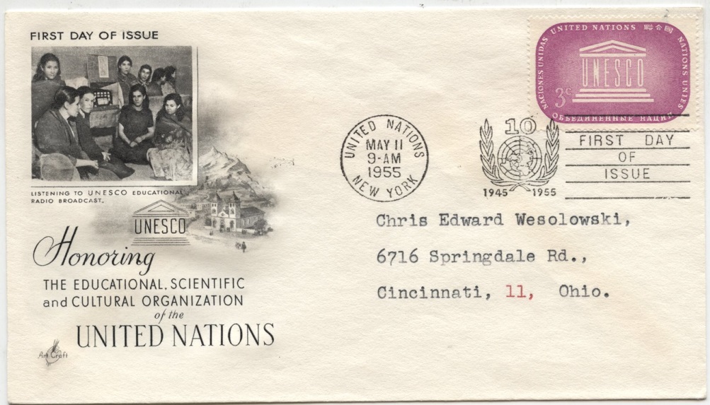 Scott 33 3 Cent United Nations UNESCO Stamp First Day Cover