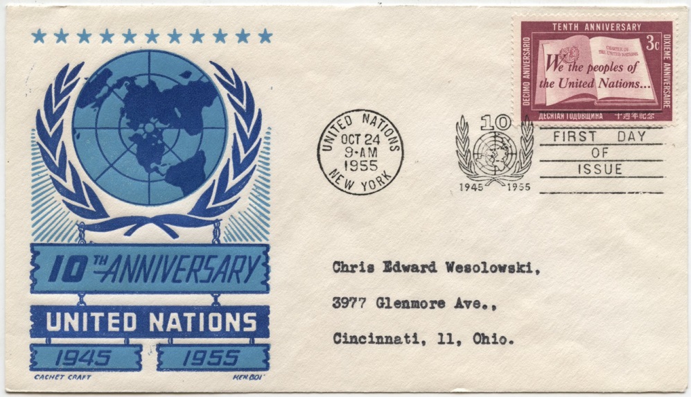 Scott 35 3 Cent United Nations 10th Anniversary Stamp First Day Cover