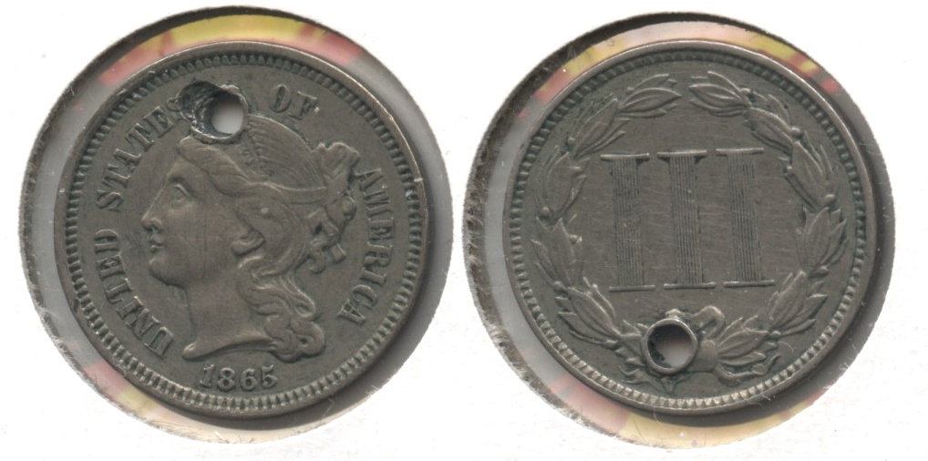 1865 Three Cent Nickel EF-40 #b Holed