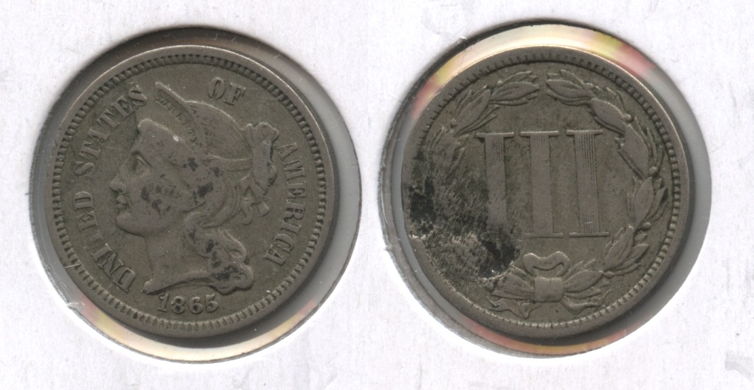 1865 Three Cent Nickel Fine-12 #ab Reverse Damage