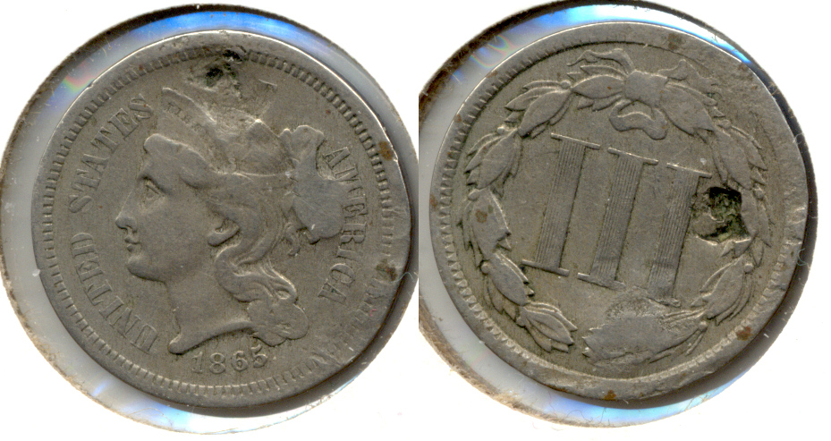 1865 Three Cent Nickel Fine-12 g Damaged