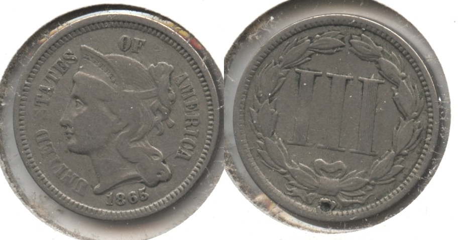 1865 Three Cent Nickel Fine-12 #p Reverse Tic