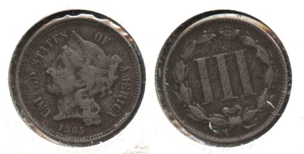 1865 Three Cent Nickel Fine-12 #u Porous