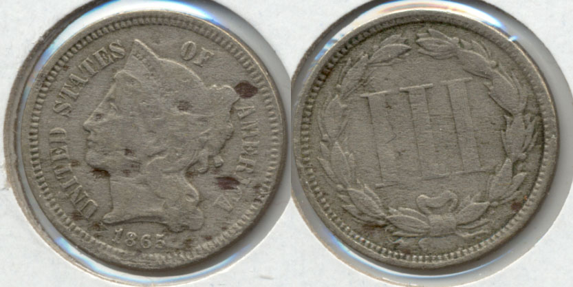 1865 Three Cent Nickel Good-4 c Porous