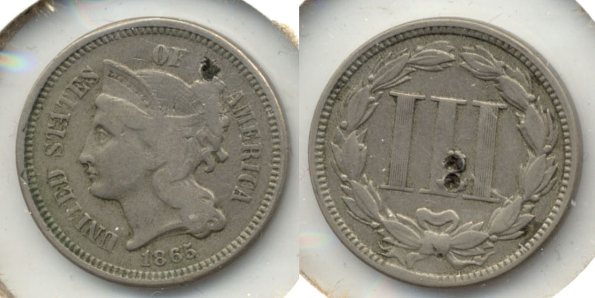 1865 Three Cent Nickel Good-4 d Three Pits