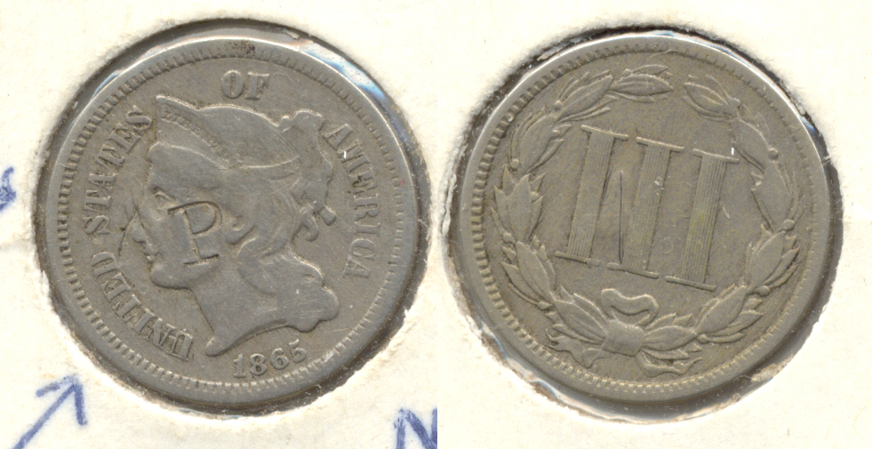1865 Three Cent Nickel Good-4 f AP Obverse