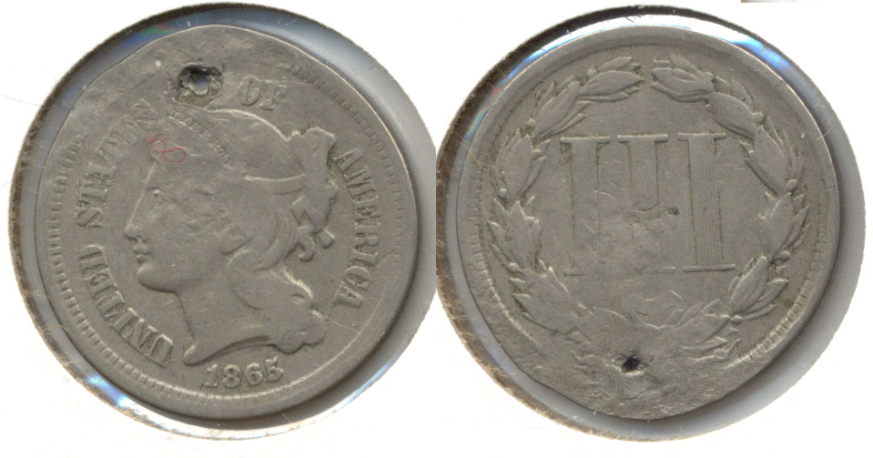 1865 Three Cent Nickel Good-4 i Holed