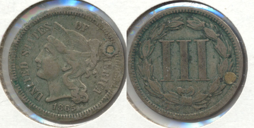 1865 Three Cent Nickel VF-20 a Plugged