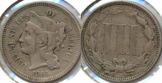 1865 Three Cent Nickel VF-20 b AH Obverse