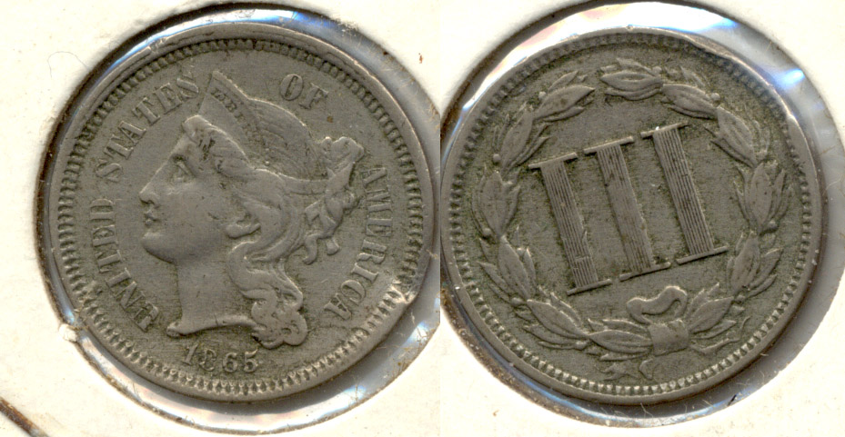 1865 Three Cent Nickel VF-20 d Rim Damage