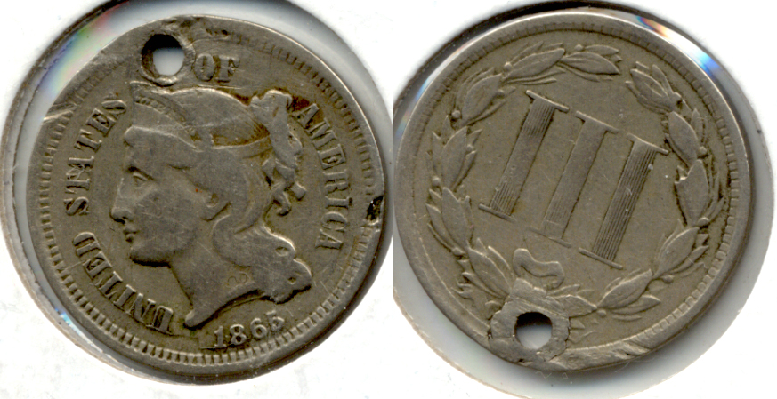 1865 Three Cent Nickel VG-8 e Holed