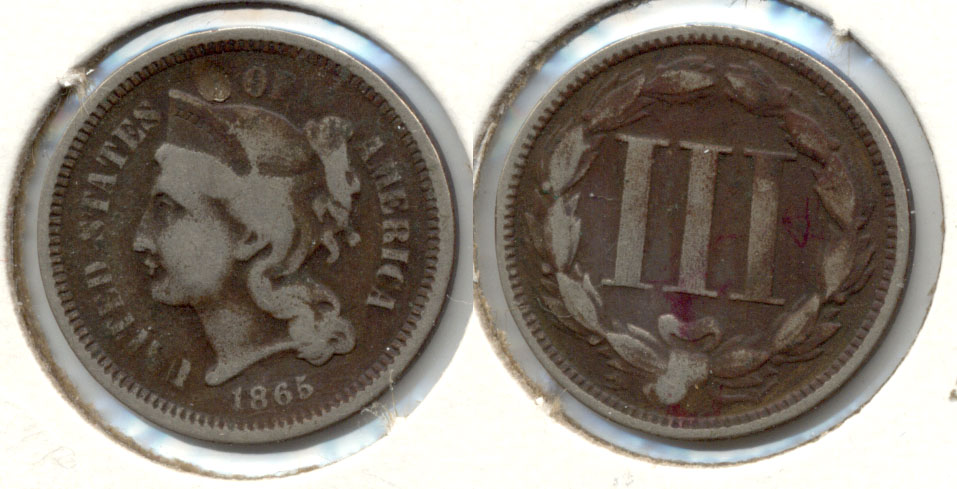 1865 Three Cent Nickel VG-8 g Attempted Hole