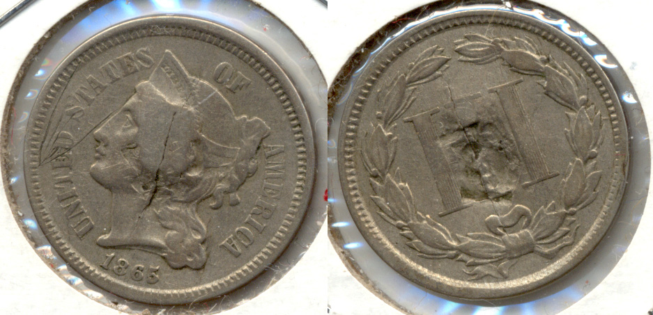1865 Three Cent Nickel VG-8 K Reverse Hit