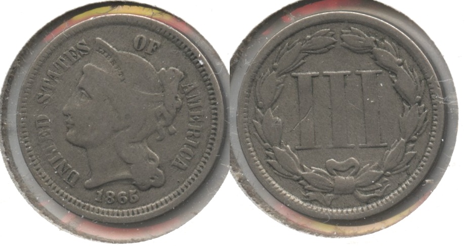 1865 Three Cent Nickel VG-8 #o Slight Warp