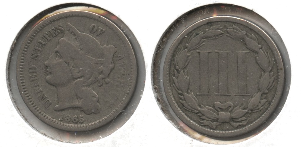 1865 Three Cent Nickel VG-8 #p Obverse Scratch