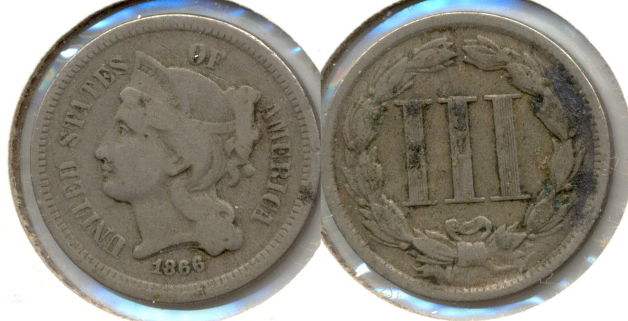 1866 Three Cent Nickel Fine-12 a Light Verdigris