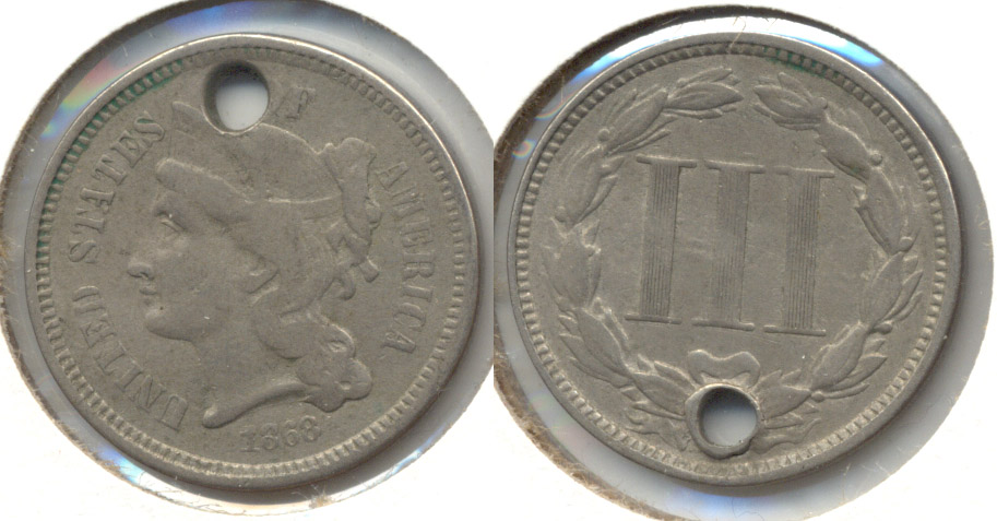 1866 Three Cent Nickel Fine-12 c Holed