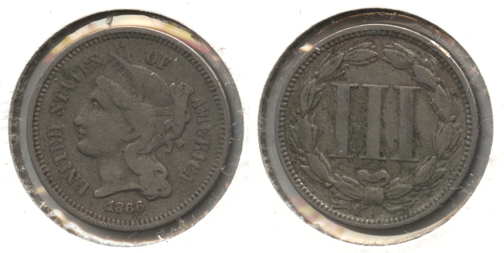 1866 Three Cent Nickel Fine-12 #j Minor Porosity