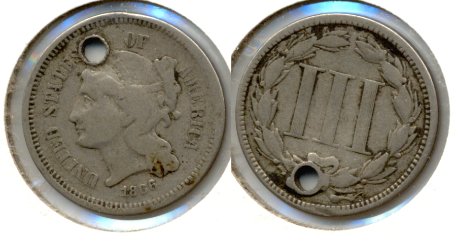 1866 Three Cent Nickel Good-4 b Holed
