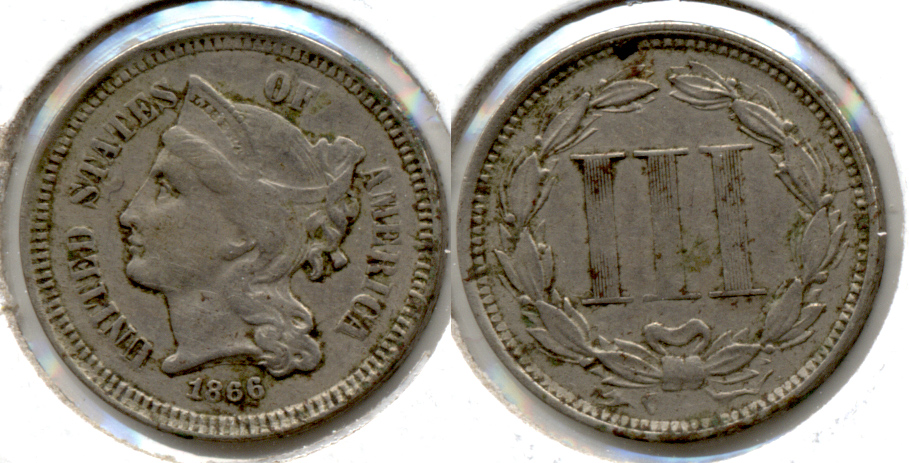 1866 Three Cent Nickel VF-20 Bit Rough