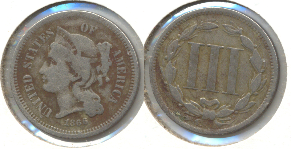 1866 Three Cent Nickel VG-8 a Darker Fields