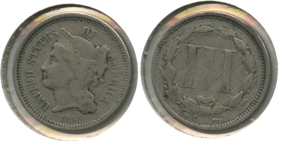 1866 Three Cent Nickel VG-8 #h Obverse Scratch