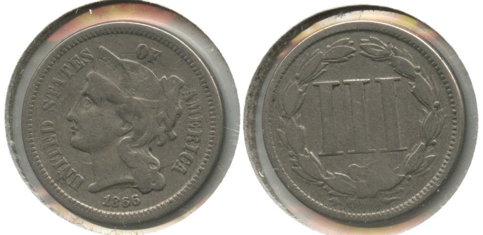 1866 Three Cent Nickel VG-8 #i Obverse Bump