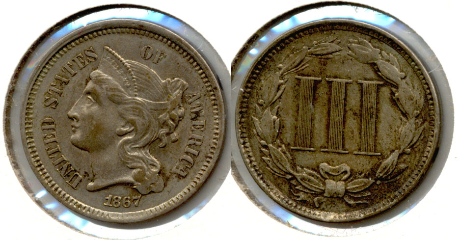 1867 Three Cent Nickel AU-50