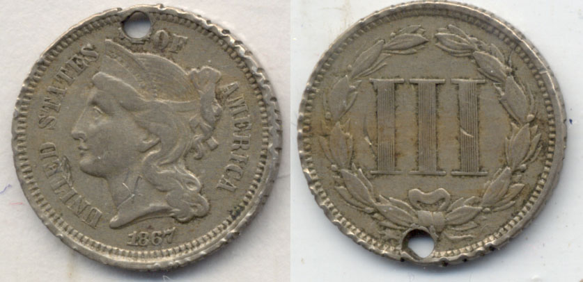 1867 Three Cent Nickel Fine-12 Holed