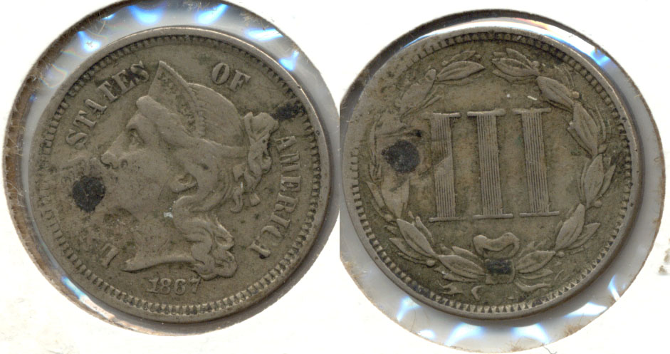 1867 Three Cent Nickel Fine-12 b Reverse Bump