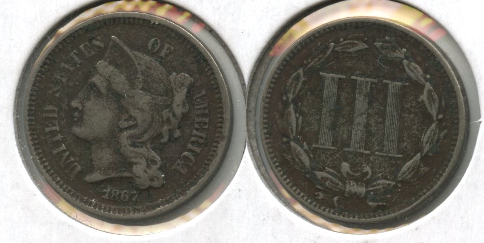 1867 Three Cent Nickel Fine-12 #l Dark