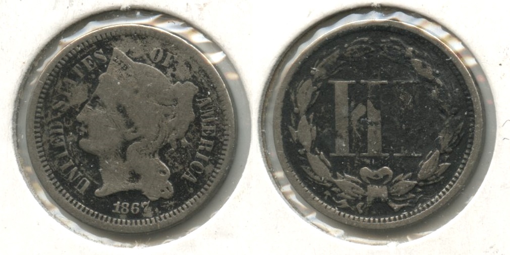 1867 Three Cent Nickel Good-4 #f Dark