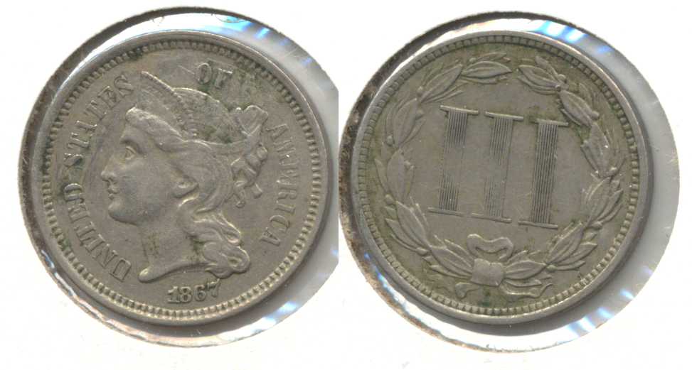 1867 Three Cent Nickel VF-20 a Obverse Spots