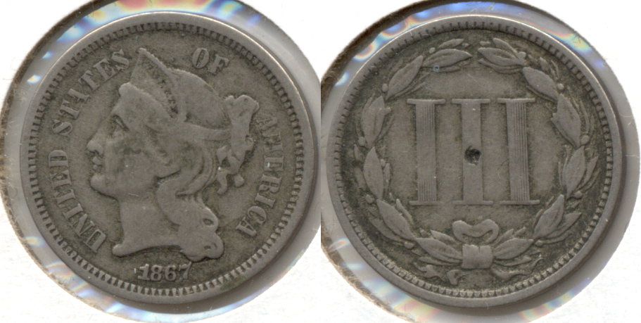1867 Three Cent Nickel VG-8 e Reverse Pit