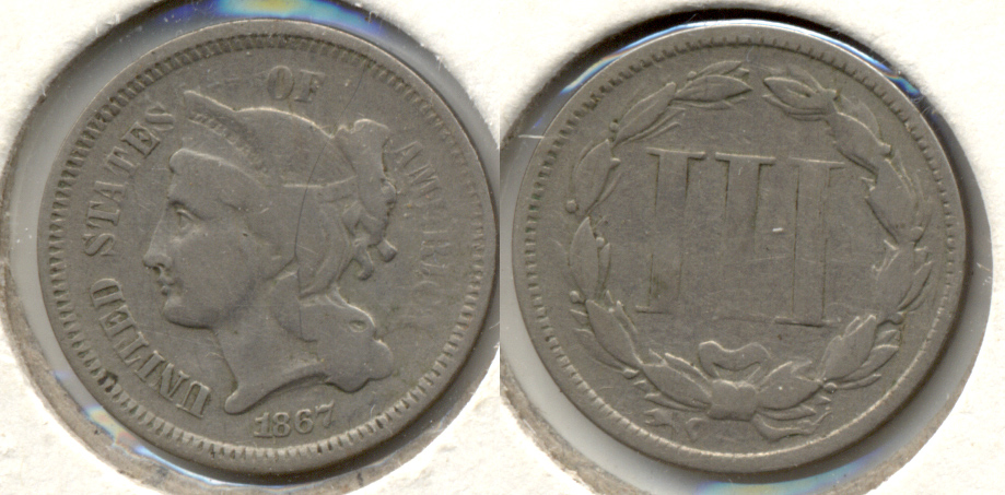 1867 Three Cent Nickel VG-8 f Staple Scratch