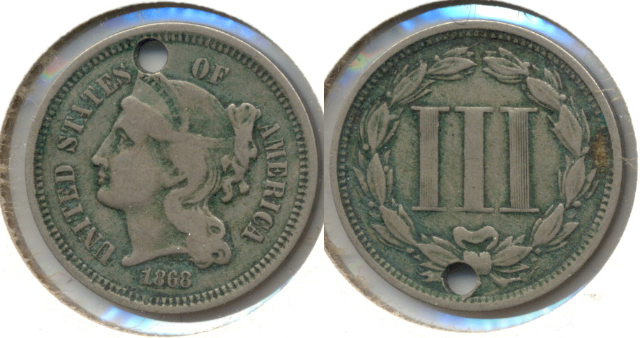 1868 Three Cent Nickel Fine-12 b Holed