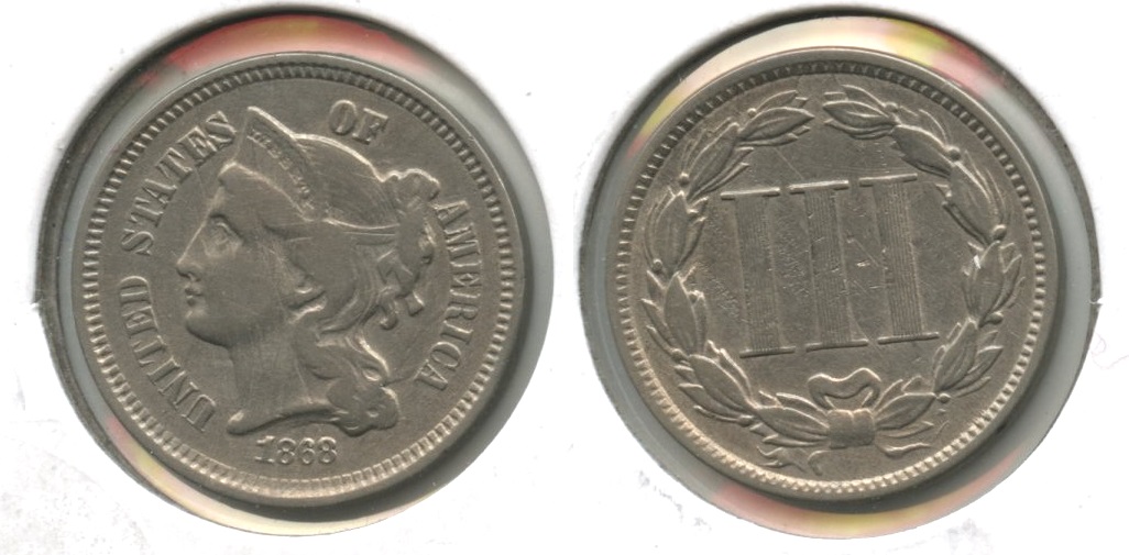1868 Three Cent Nickel Fine-12 #f Obverse Scratches