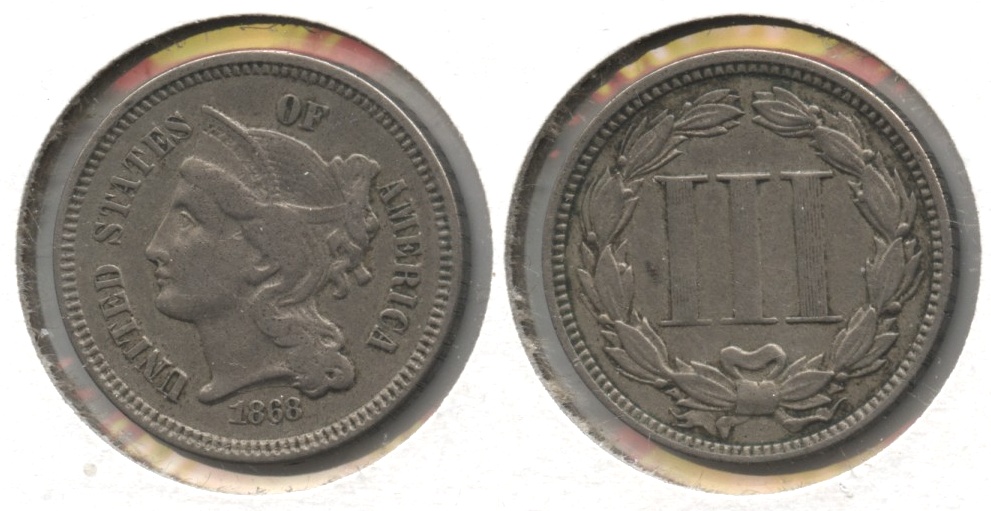 1868 Three Cent Nickel VF-20 #a Reeded Edge
