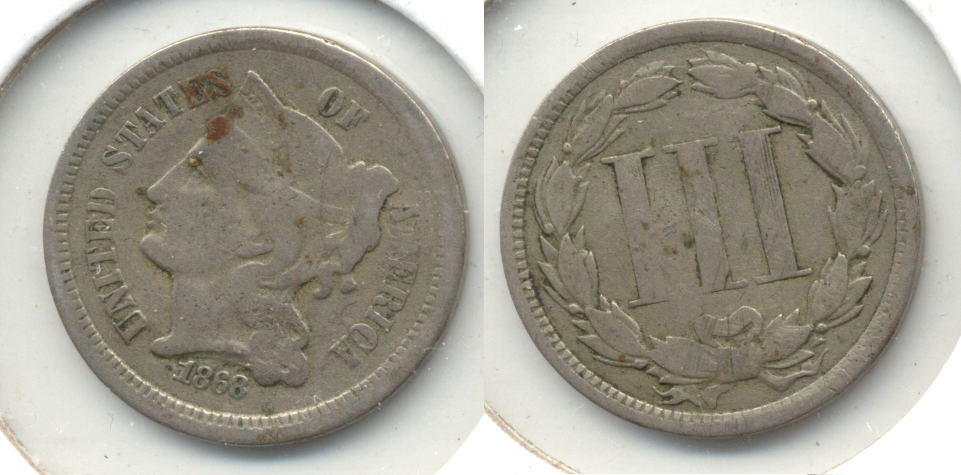 1868 Three Cent Nickel VG-8 a Obverse Spot