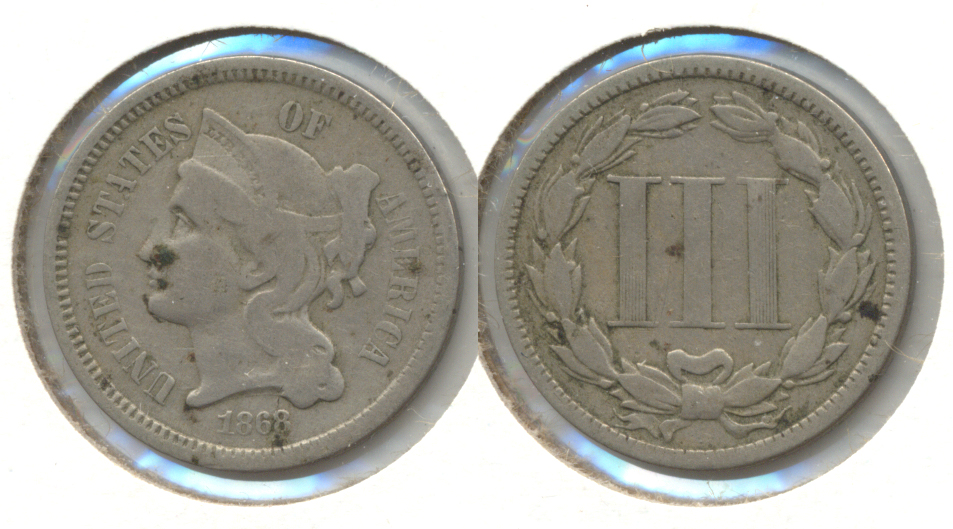 1868 Three Cent Nickel VG-8 b Spotty