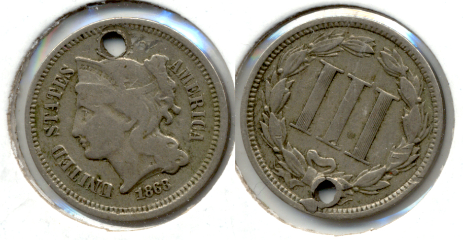 1868 Three Cent Nickel VG-8 d Holed