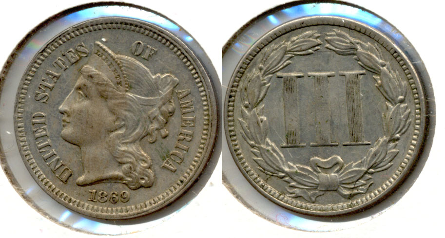 1869 Three Cent Nickel EF-45