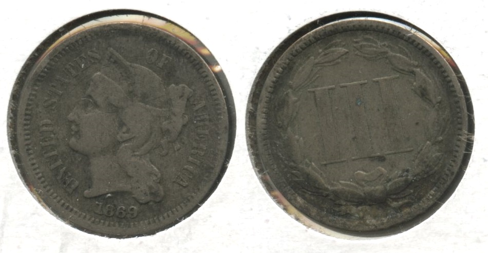 1869 Three Cent Nickel Fine-12 #f Obverse Scratch