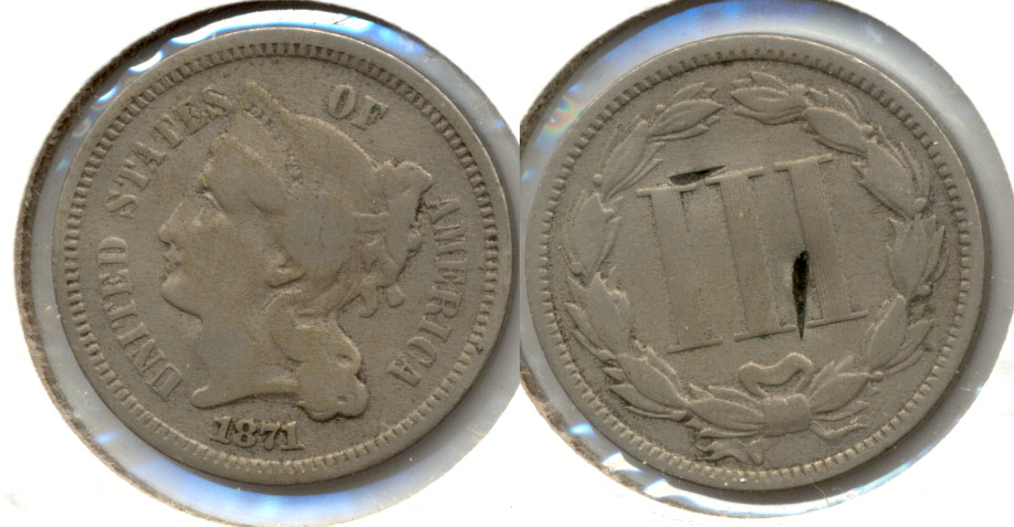 1871 Three Cent Nickel VG-8 Reverse Scrapes