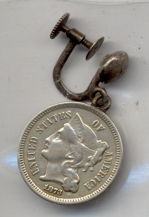 1873 Three Cent Nickel VF-20 a Old Earring