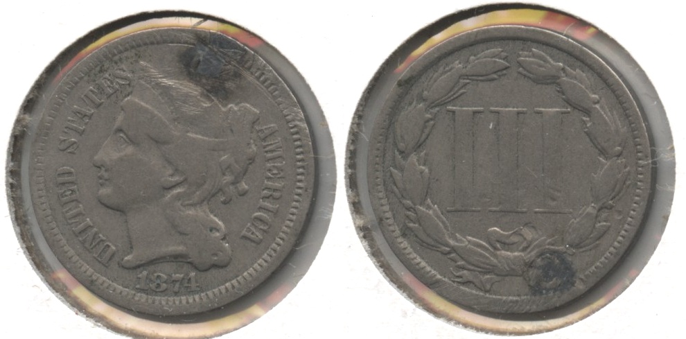 1874 Three Cent Nickel VG-8 Plugged
