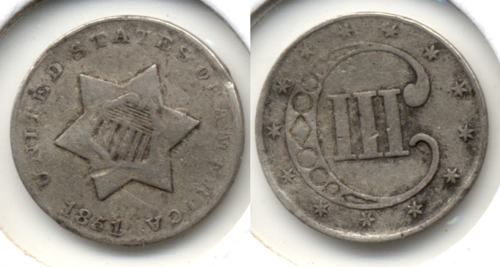 1851 Three Cent Silver Fine-12 Bit Warped