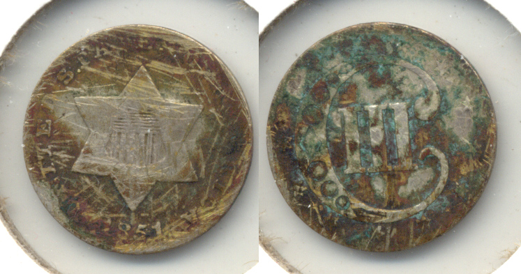 1851 Three Cent Silver VG-8 a Discolored