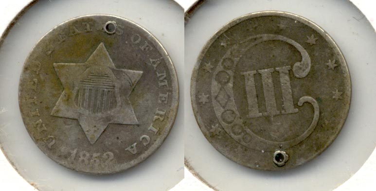 1852 Three Cent Silver VG-8 a Holed